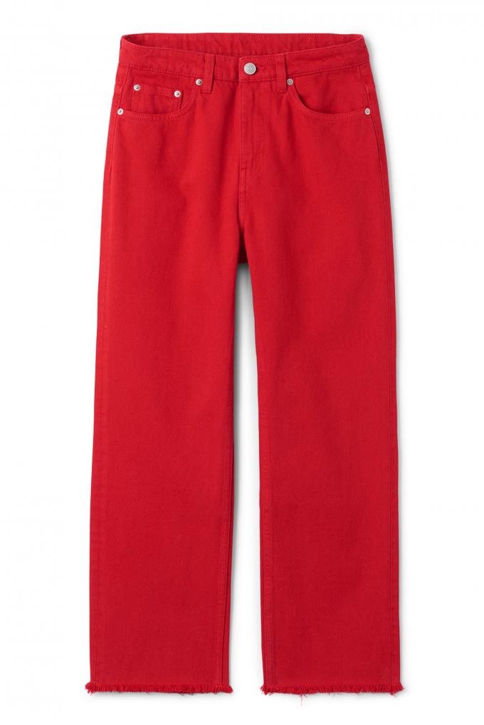 Rode flared jeans met gerafelde zoom