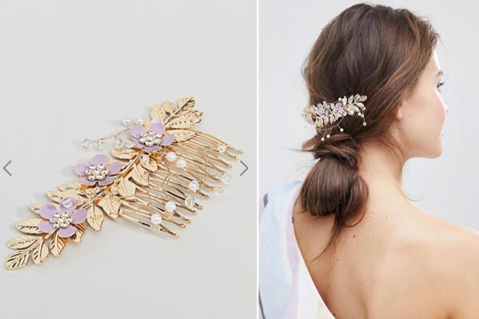 Peigne à cheveux doré avec lilas et perles