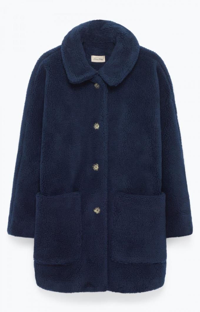 Blauwe shearling mantel