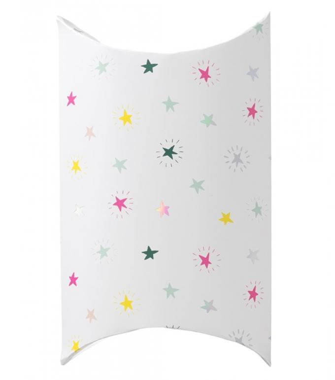 Emballage pliable blanc avec étoiles multicolores