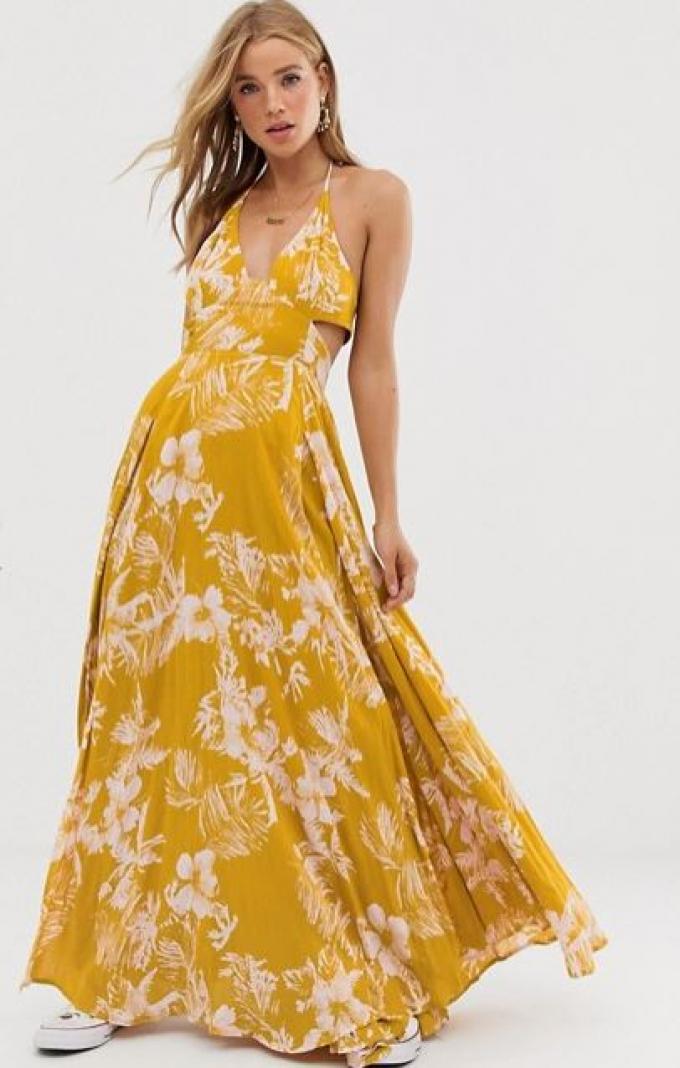 Gele maxi-jurk met open rug