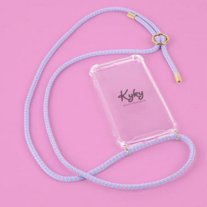 Transparante telefoonhoes + blauw-roze cord