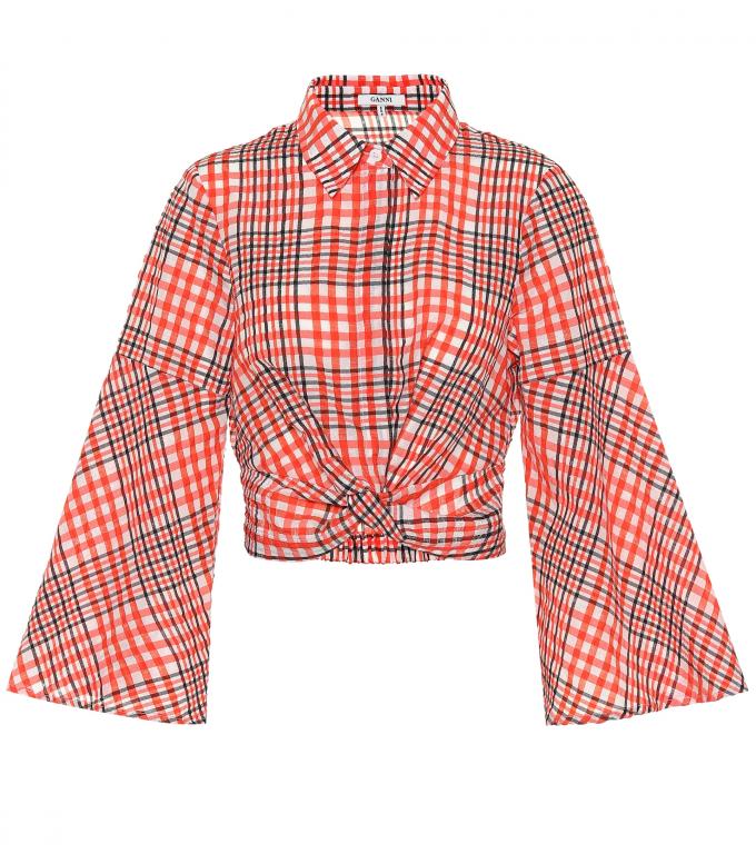 Geruite blouse in cropped model met brede mouw