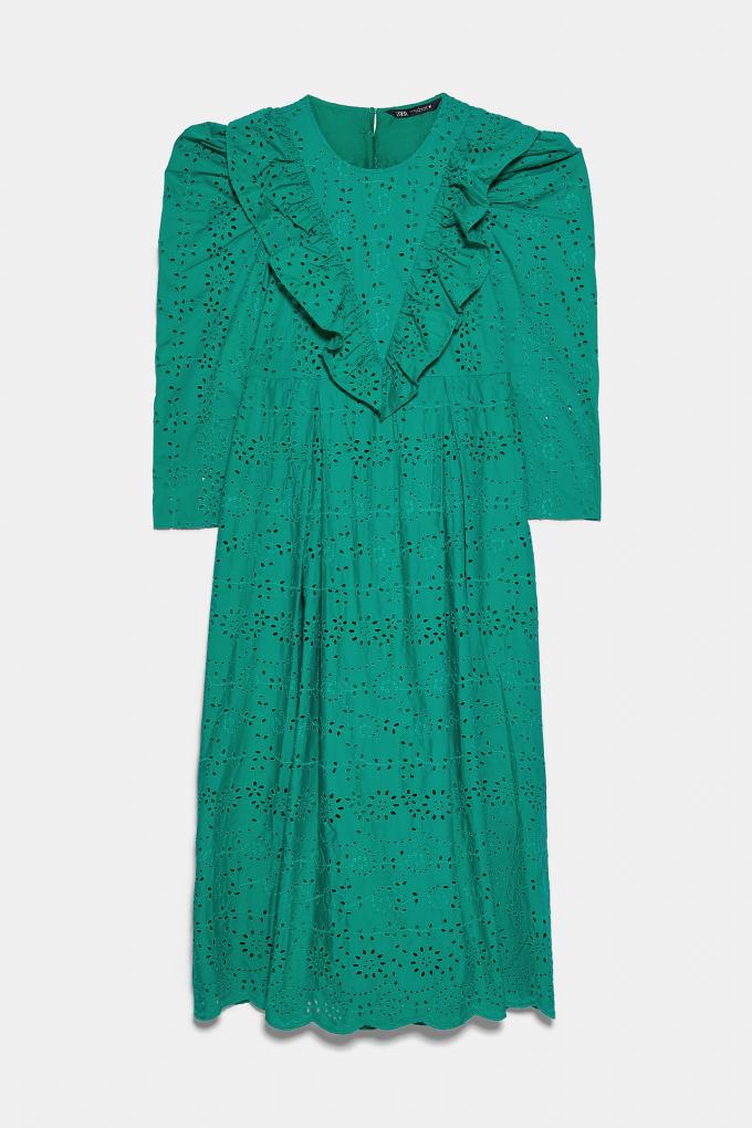 Geborduurde prairie-jurk met gaatjesmotief in groen
