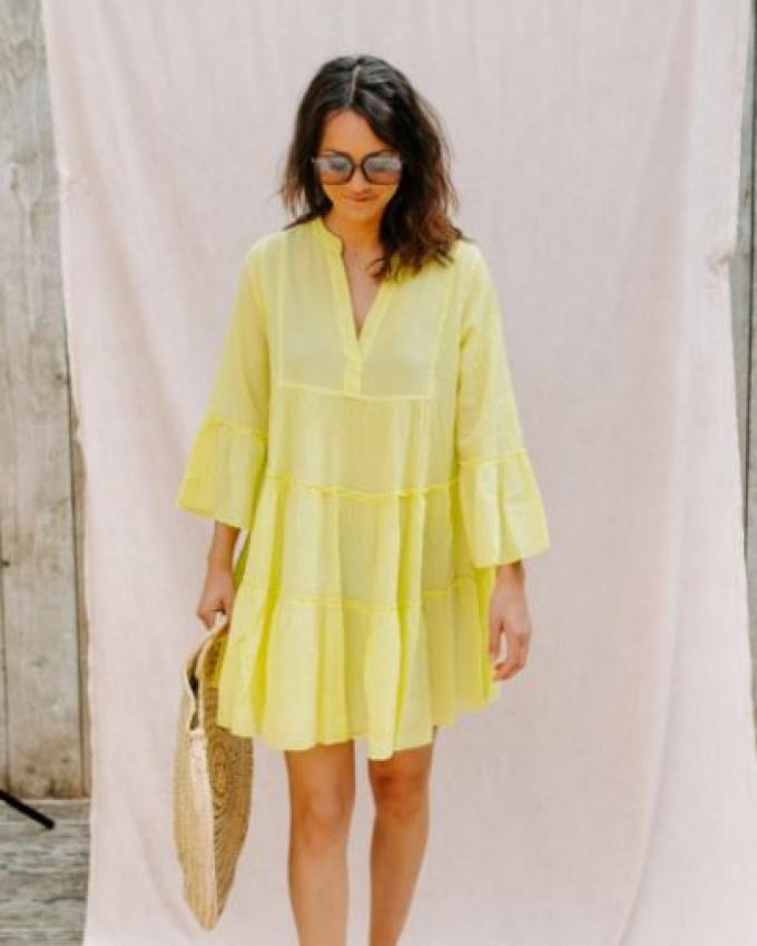 Korte smok jurk in citroen geel