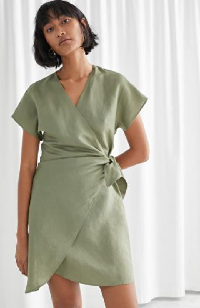 Wrap dress met strik in olijfgroen