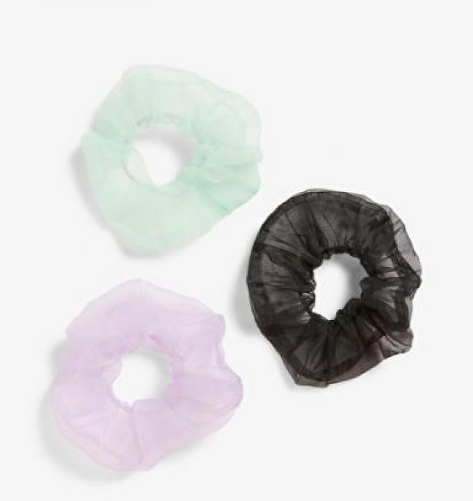 Scrunchie set in organza in zwart en pastelkleuren