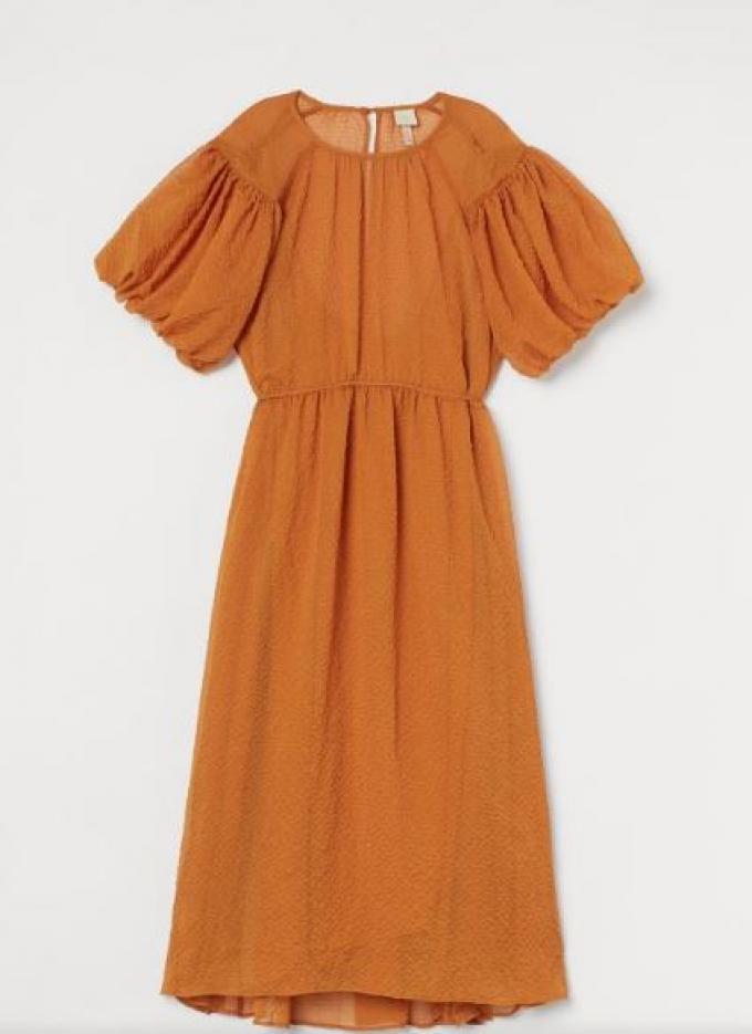 Wijde smock jurk met doorkijkstof in oranje