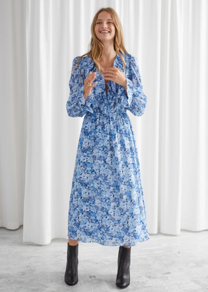 Robe midi bleue à imprimé