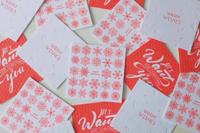 Fluo-oranje letterpresskaarten in kerstthema