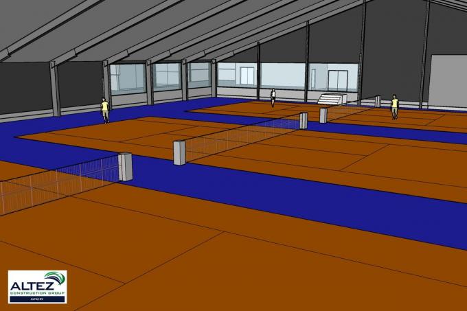 Een simulatiebeeld van de nieuwe tennishal: drie tennisvelden naast elkaar en inkijk vanuit het nieuwe clubhuis. (foto JCR)© (foto JCR)