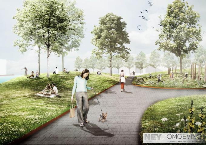 Er komt een nieuw stadspark aan de brug.© Stad Kortrijk