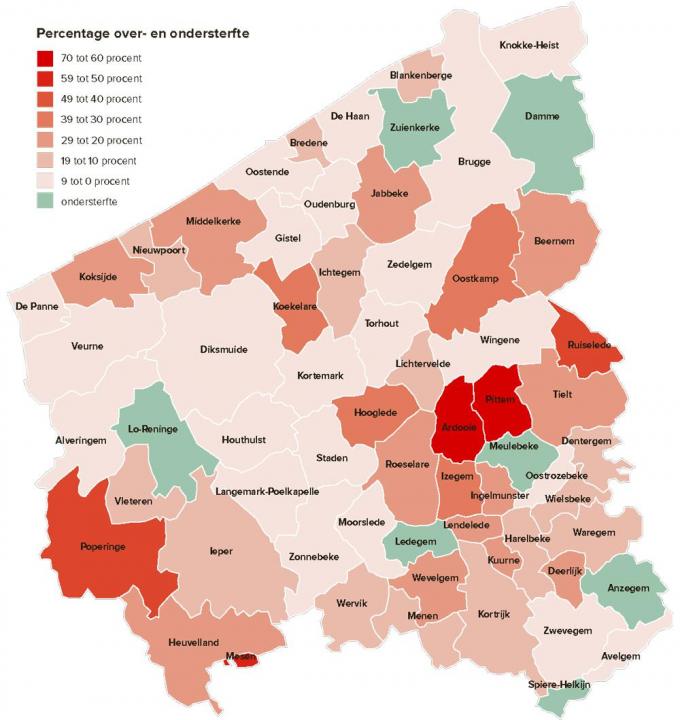 Op deze kaart is duidelijk te zien dat de oversterfte vooral in de Westhoek en het hart van West-Vlaanderen groter was dan elders. (infografiek KW)