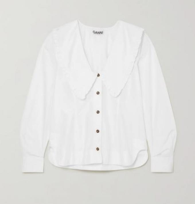 Witte blouse in organisch katoen met ruffle-kraag
