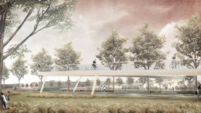 De S-vormige stalen brug met een lengte van 62 meter zal steunen op eenvoudige schuine palen.© GF