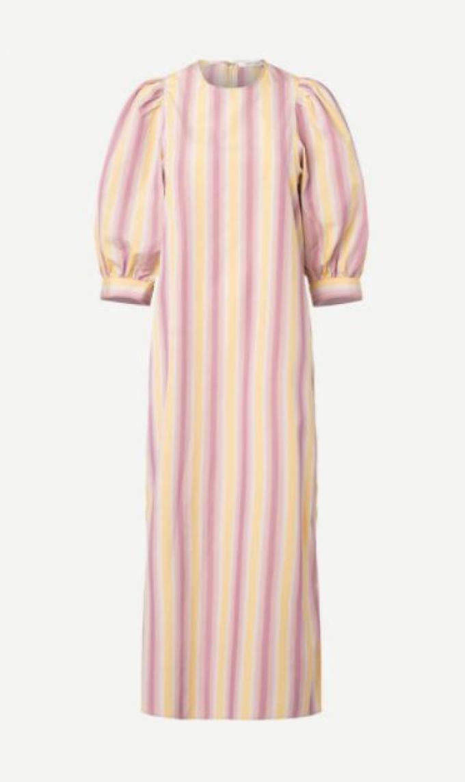 Lange jurk met pastelstrepen en ballonmouw
