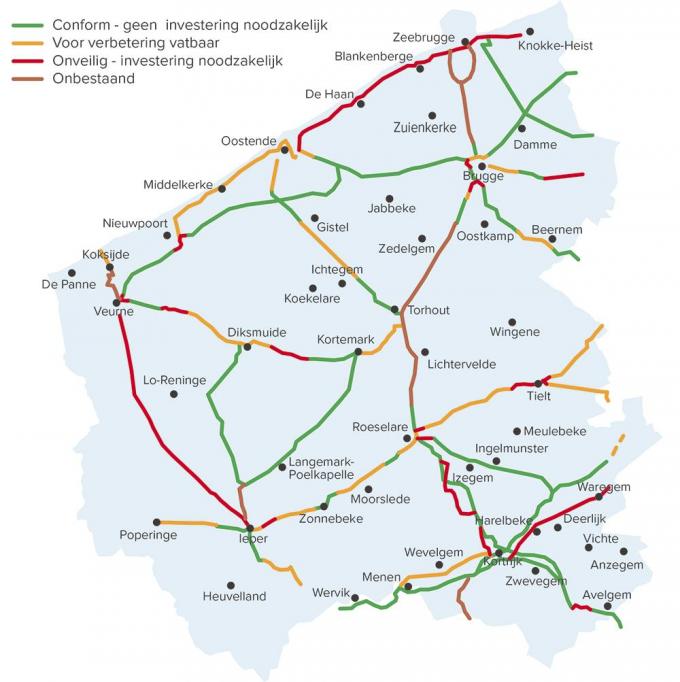 Dit kaartje toont in welke mate de geplande fietssnelwegen in West-Vlaanderen gerealiseerd zijn.