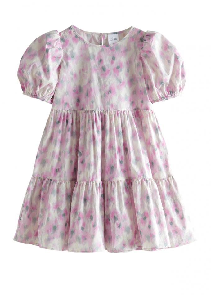 Mini: mini-jurk met pofmouwen en roze bloemenprint