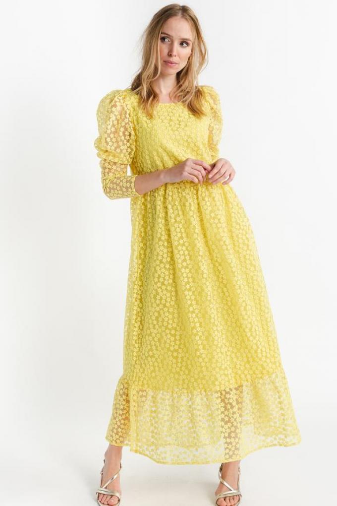 Gele maxi-jurk met transparante mouwen en bloemenmotief