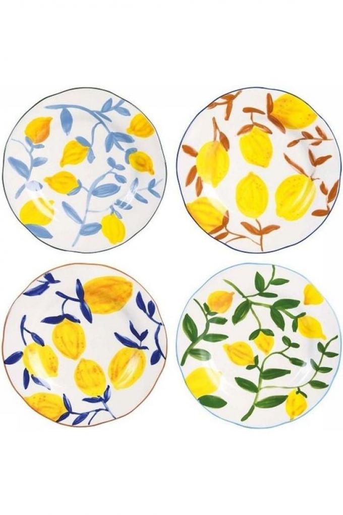 Set van vier porseleinen borden met citroendessin
