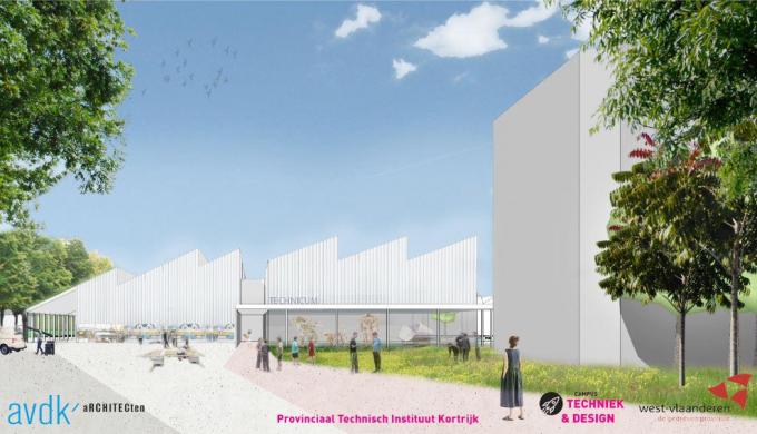 Een simulatiebeeld van het Technicum, het nieuwe praktijkgebouw op de campus Techniek en Design van het PTI.© Provincie West-Vlaanderen/AVDK Architecten