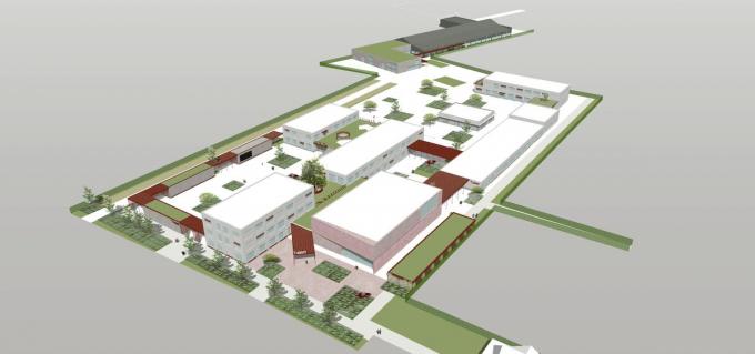 Een overzicht van hoe de nieuwe campus eruit zal zien met vooraan links en achteraan links de groendaken.© AC