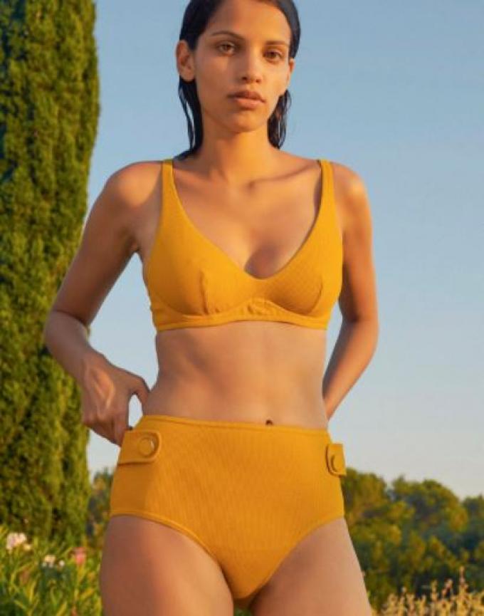 Okergele retro bikini met hoge taille