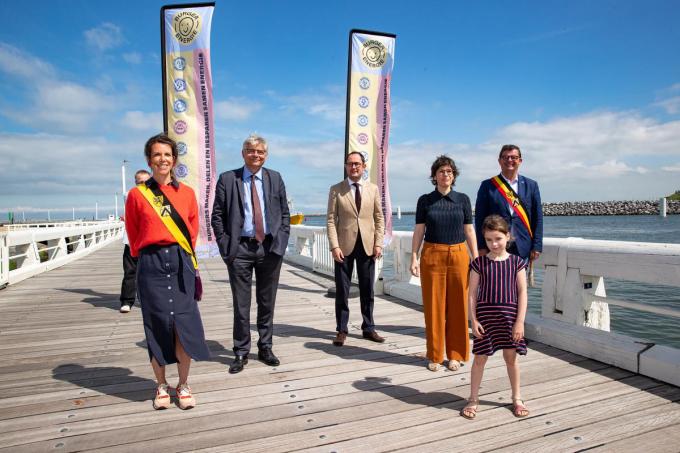 V.l.n.r. schepen Silke Beirens, gedeputeerde voor Provincie West-Vlaanderen Jean de Bethune, minister Vincent Van Quickenborne, minister Tinne Van der Straeten en burgemeester Bart Tommelein.©Kurt Desplenter Foto Kurt