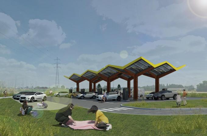 Een simulatie van het snellaadstation in Roeselare op de zone Nieuwe Abele.© Fastned