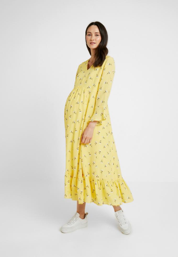 Gele maxi-jurk met V-hals, lange mouwen en bloemenprint