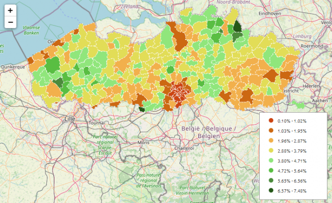 Op deze kaart zie je hoeveel percentage van de actieve bevolking er per Vlaamse gemeente geregistreerd staat als bloed- of plasmadonor. Samen met Antwerpen scoort West-Vlaanderen bovengemiddeld.© Rode Kruis Vlaanderen