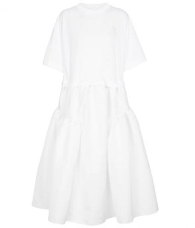 Witte mini-jurk in katoen met ruches en laagjes