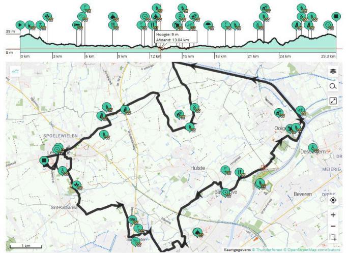 De familietocht van 29 km maakt gebruik van de fietsknooppunten.