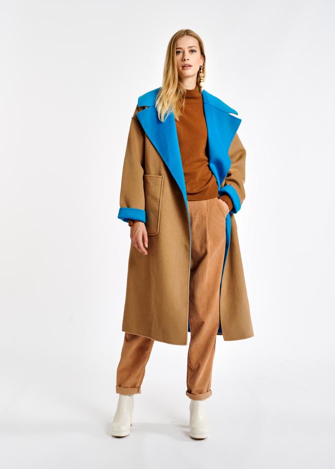 Manteau en laine mélangée bleue et camel