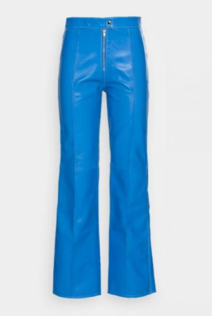 Blauwe broek in faux-leer met seventies taille