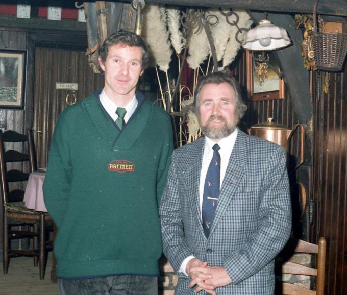 Marc Reynaert in 1986 met Gaston Roelants tijdens de persconferentie voor de 20 km van Oostende in restaurant de Kromme Elleboog.