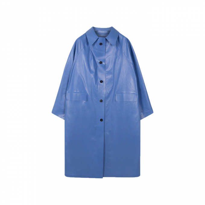 Faux-leren lichtblauwe jas in enkellang model