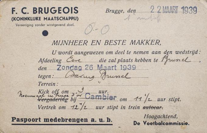 De oproepingsbrief voor een match op zondag 26 maart 1939.
