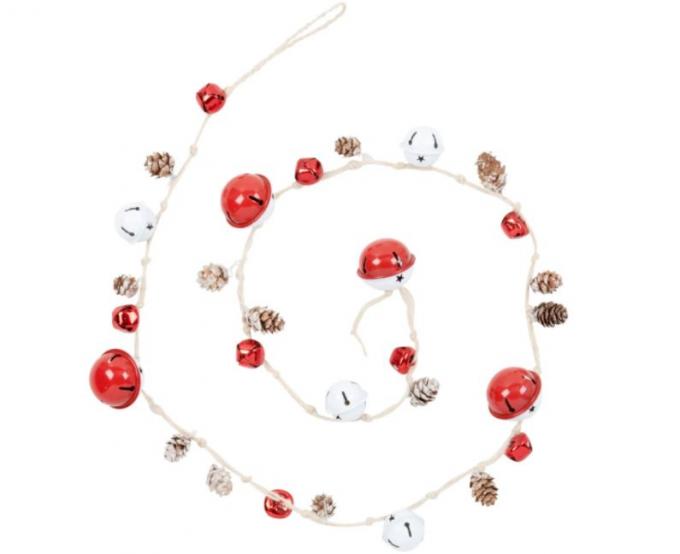 Kerstslinger met witte, rode en metalen belletjes
