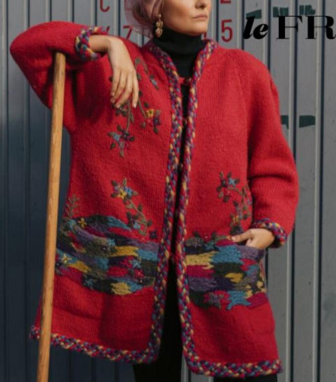 Oversized knit coat met Aztec-print in wijnrood