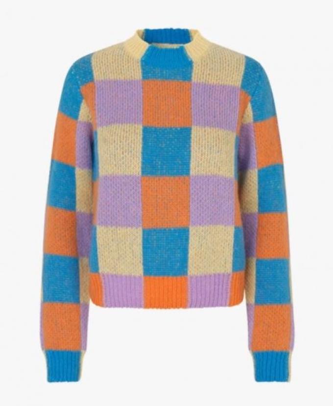Seventies trui met ruitjes in blauw, oranje en paars