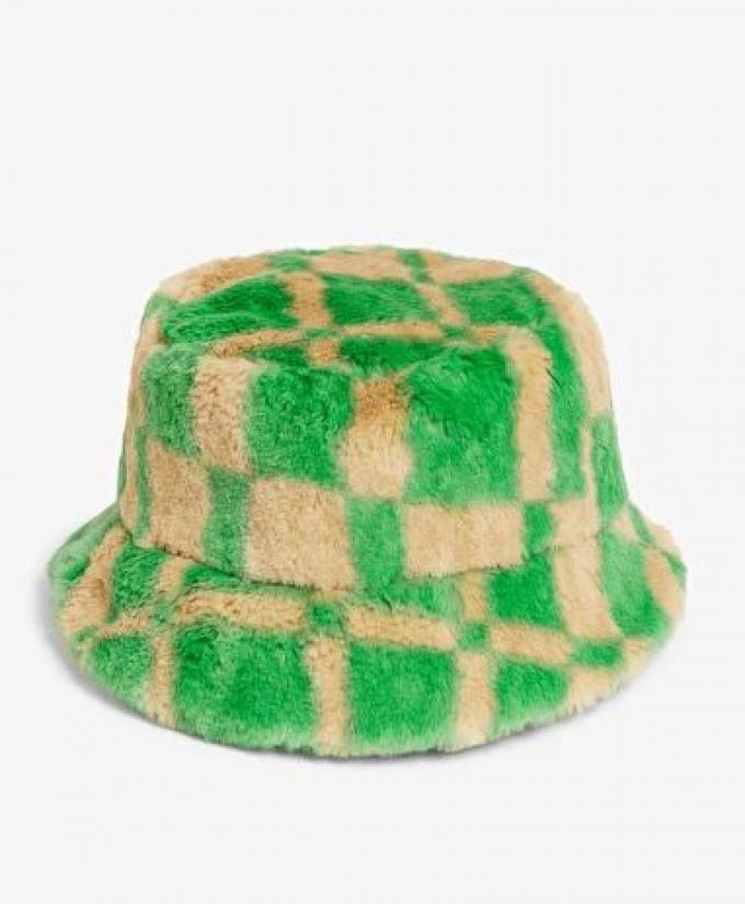 Fluffy bucket hat met ruit in groen en beige