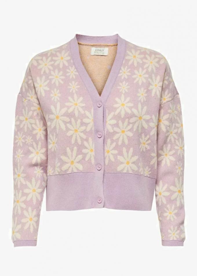 Lila cardigan met madeliefjes