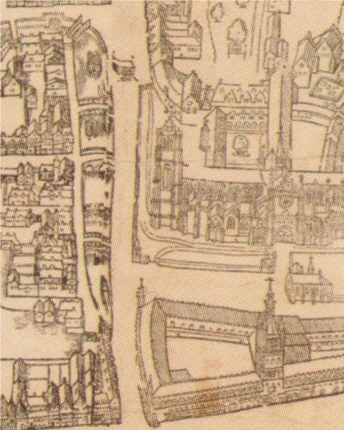 Detail uit de wandkaart van Thévelin-Destrée met centraal het Vandenpeereboomplein met de Ieperlee en een havenkraan. Ook de Lakenhalle en de kathedraal zijn herkenbaar. (Foto Musea Ieper)
