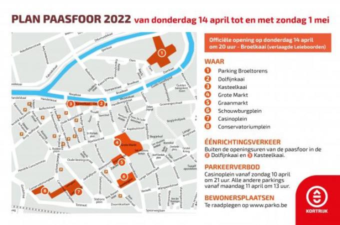 Het plan van de Paasfoor in 2022, met de nieuwe locatie aan parking Broeltorens.