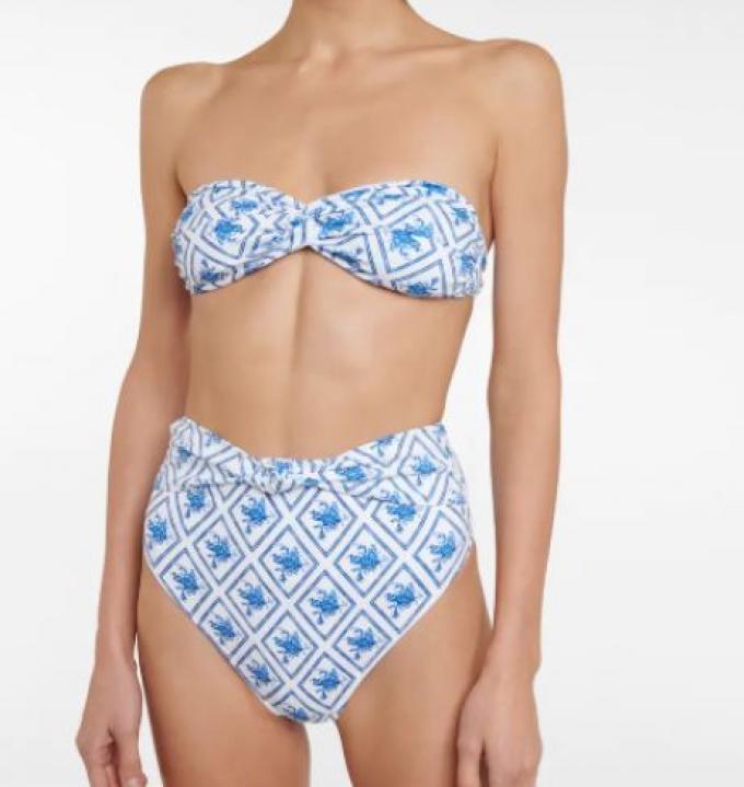 Embellished bandeau bikini met blauwe ruitjes