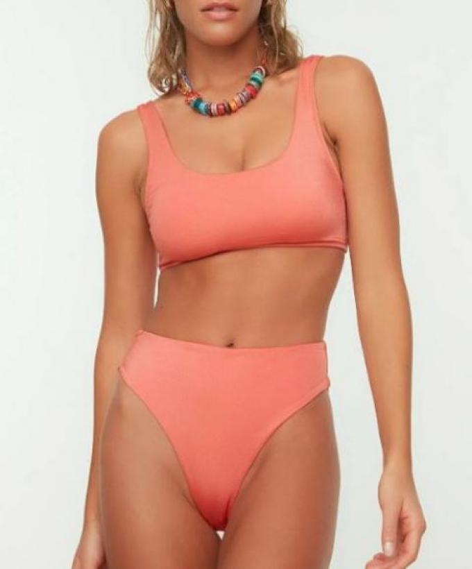 Bikini taille haute rouge corail