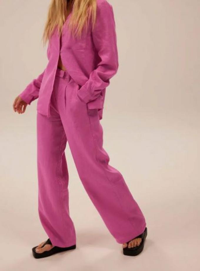 Wide leg linnen pantalon in fuchsia roze