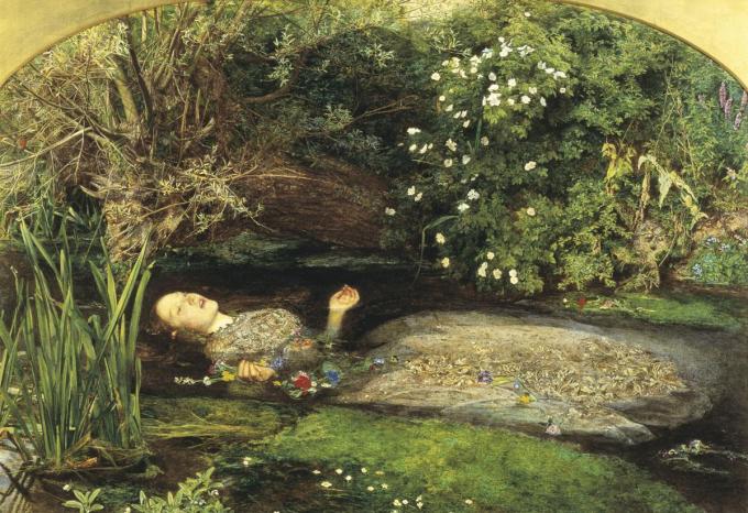 OPHELIA, door John Everett Millais. Wulps wachtend op haar noodlot, maar wel een misleidend beeld van de middeleeuwse jonkvrouw.