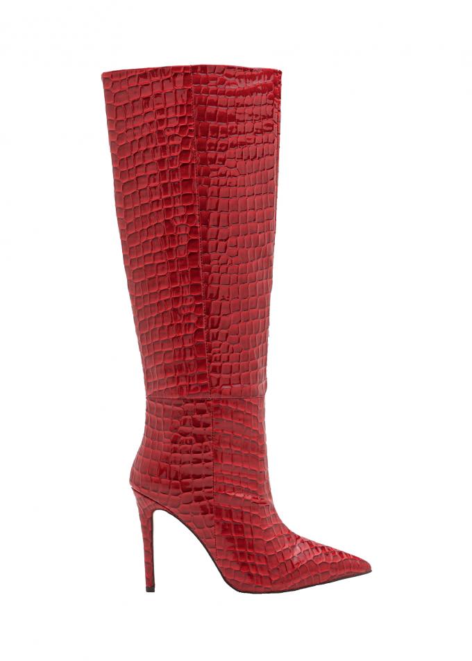 Rode stiletto-laarzen met krokoprint